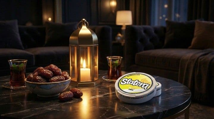 STATERA energy pouches displayed with Ramadan dates and lantern