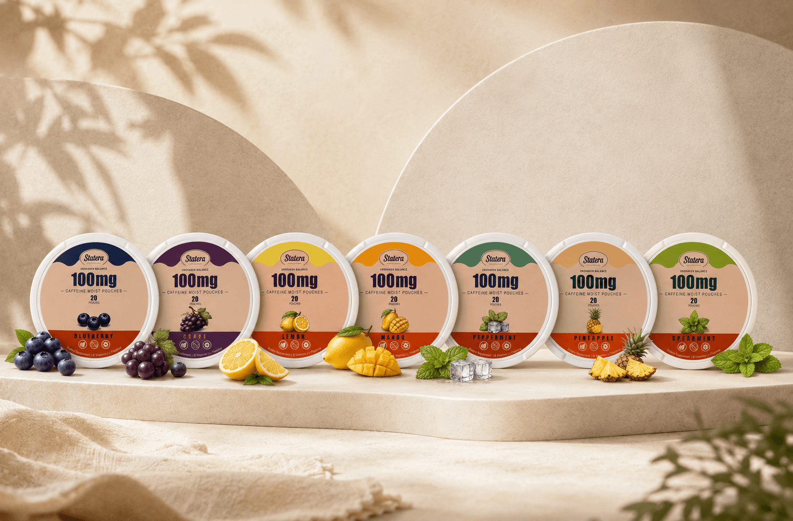 STATERA 100mg caffeine pouch cans across seven flavors
