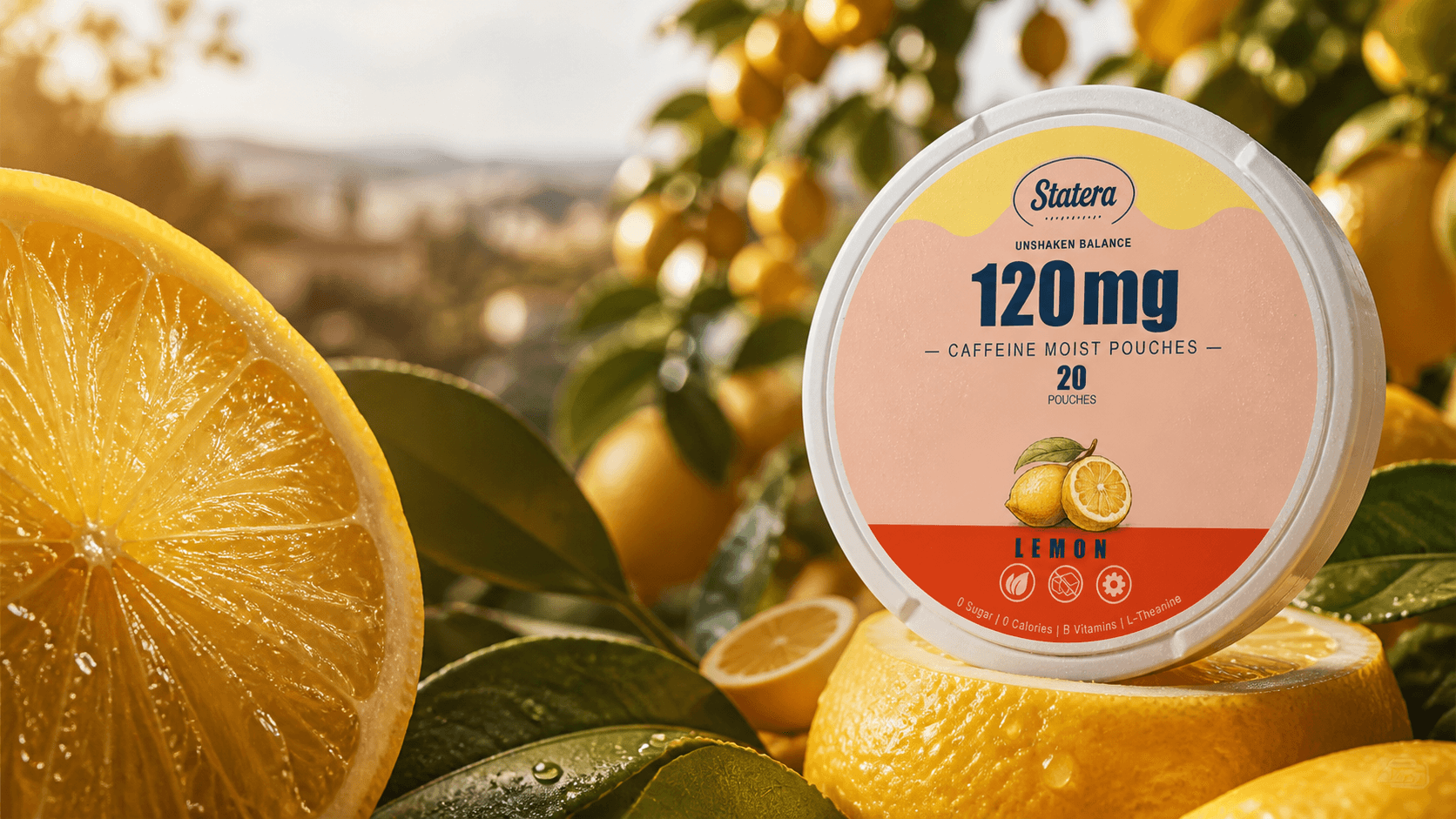 STATERA 120mg Lemon caffeine pouch can surrounded by fresh lemons