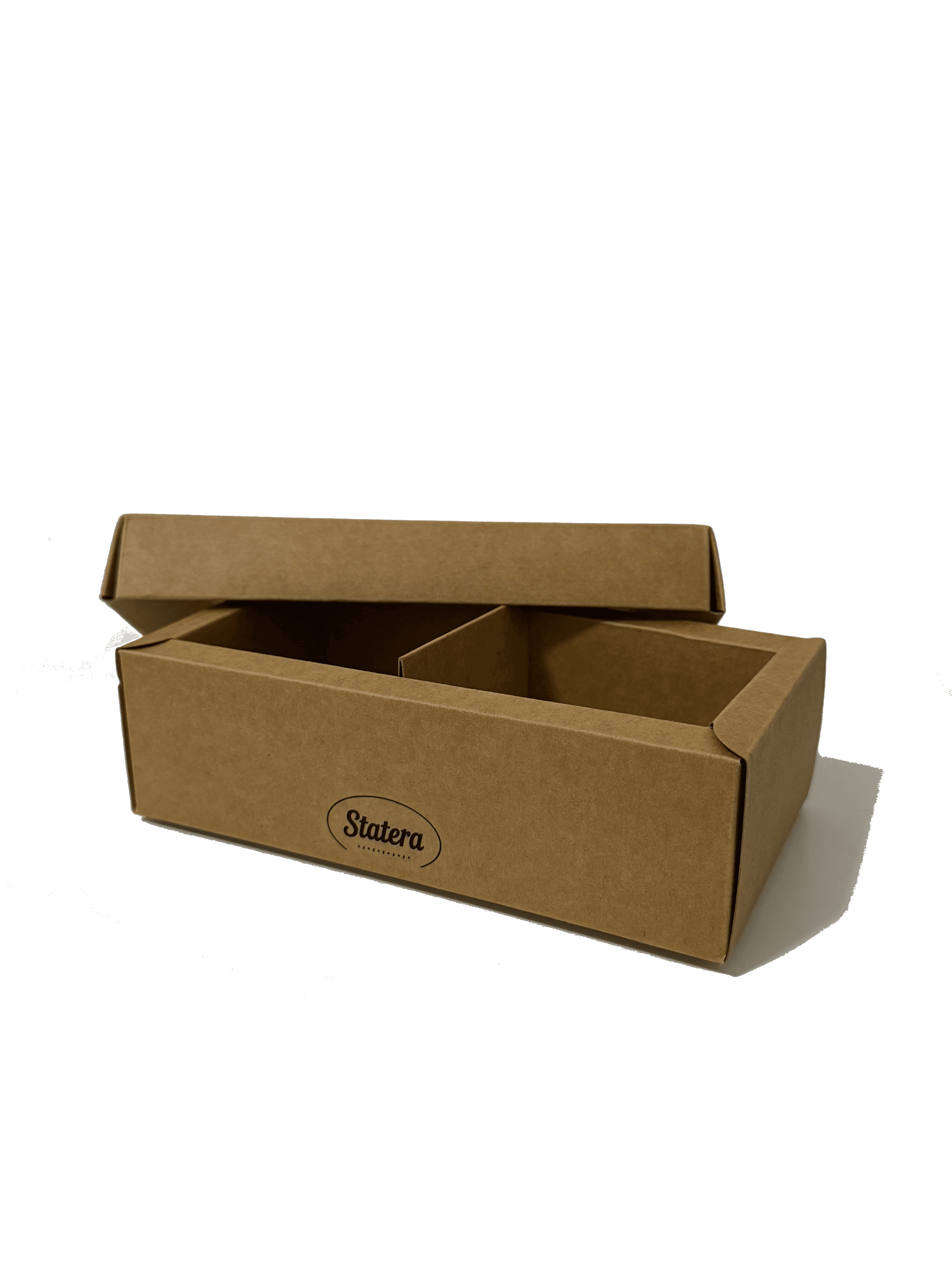 Open STATERA branded kraft box with a lid and internal divider