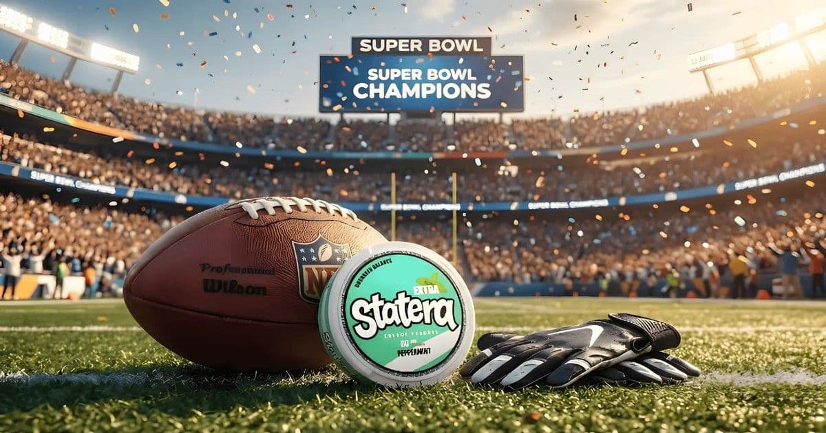 STATERA caffeine pouches displayed at Super Bowl Champions stadium with football and gloves on field
