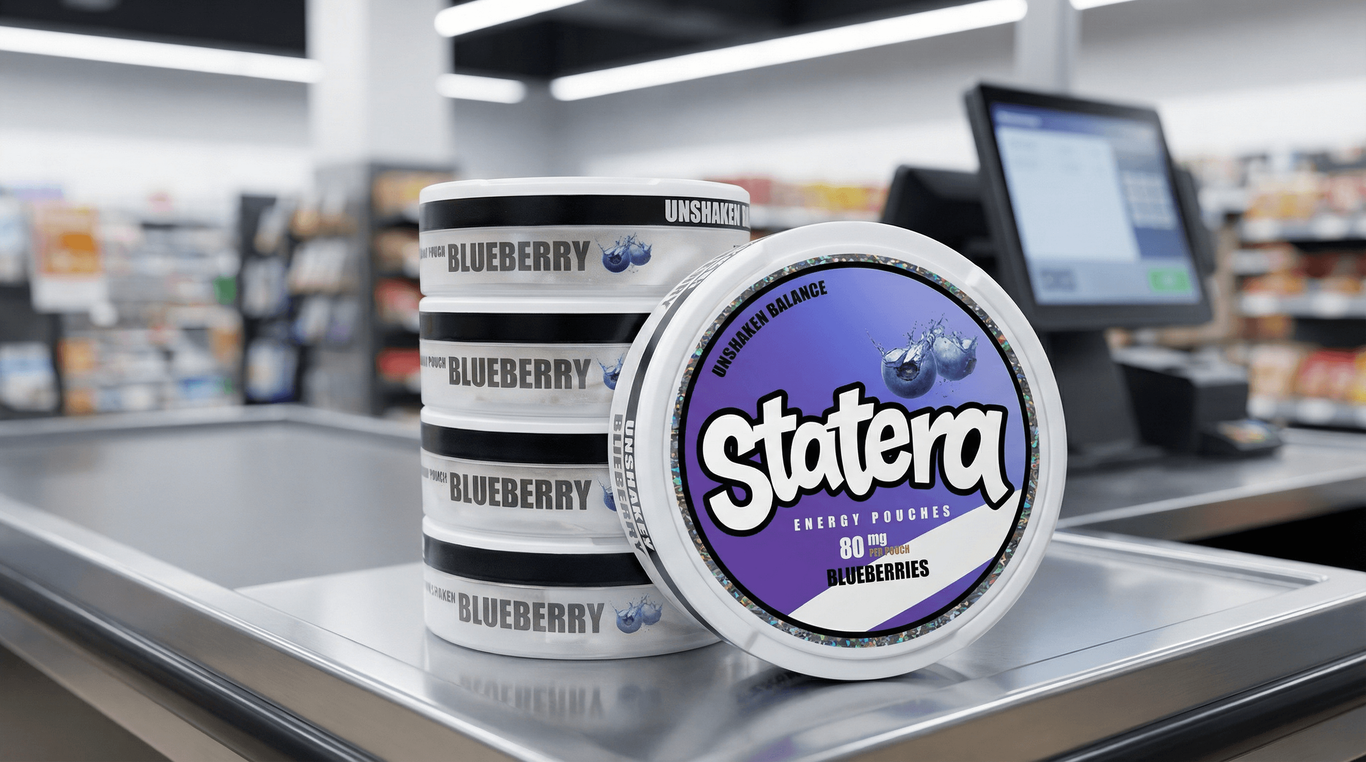 STATERA blueberry caffeine pouches on retail checkout counter