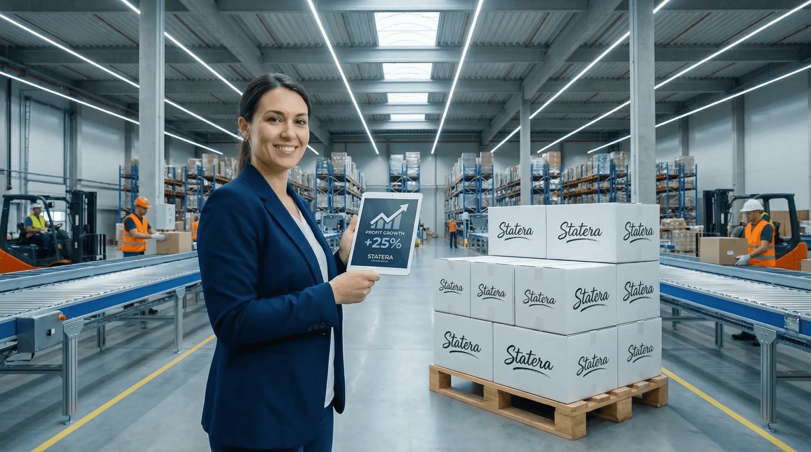 STATERA wholesale distribution warehouse with branded caffeine pouch boxes on shipping pallet and profit growth analytics